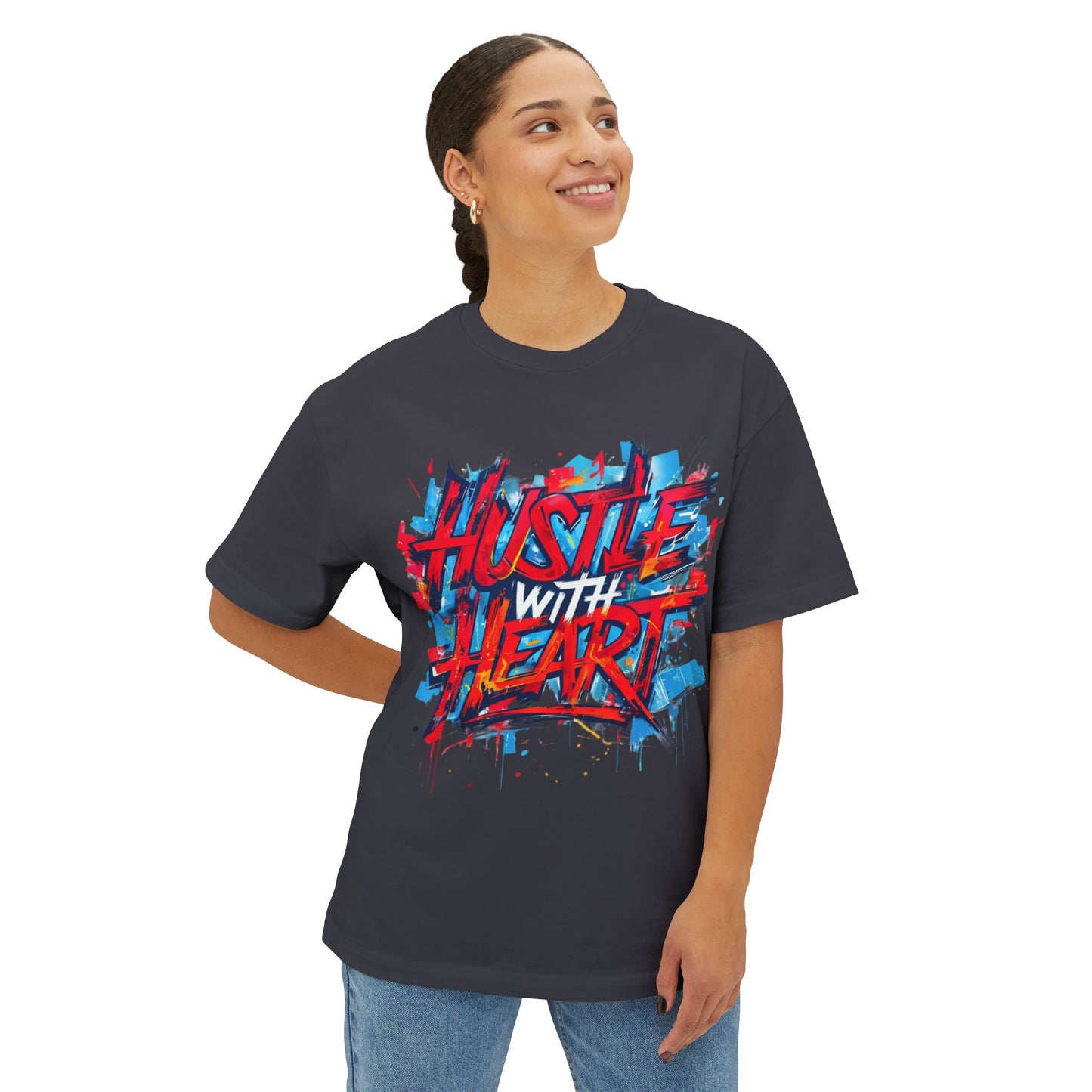 Hustle with Heart - Unisex Oversized Boxy Tee, Motivational Shirt, Casual Wear, Gift for Entrepreneurs, Graphic Tee